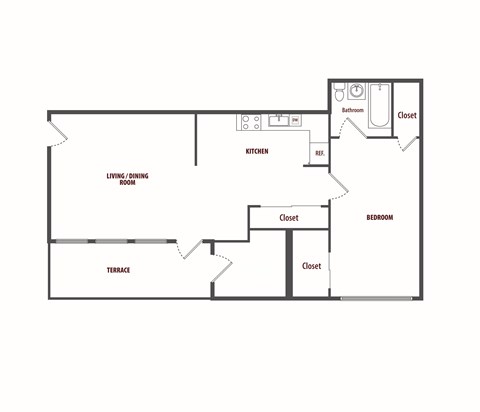 Floor plan for 1 bed, 1 bath, 594 sqft